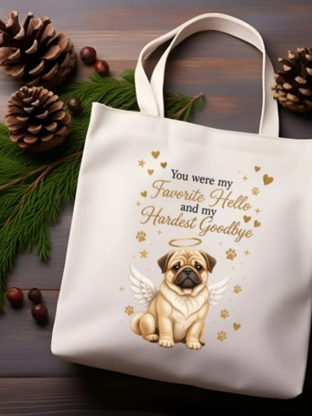 Memorial Pug Tote Bag - White Canvas Shoulder Bag